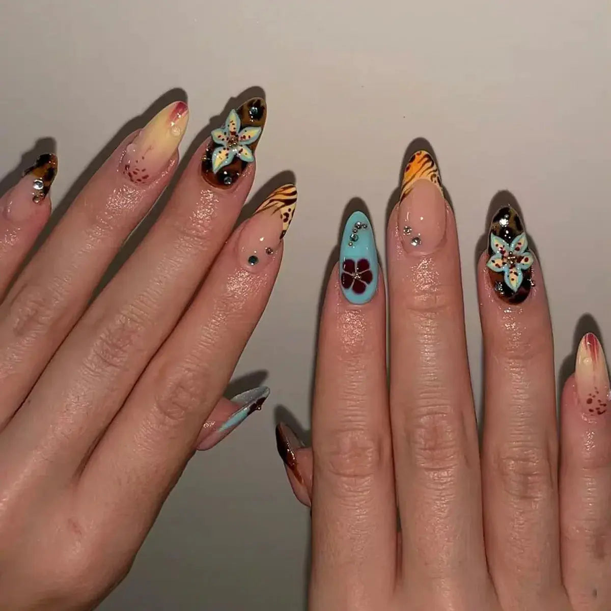 GlamNail Pink Almond Press On Nails Full Coverage Carved Flower 3D Ripple French Tips Golden Pearl Finish