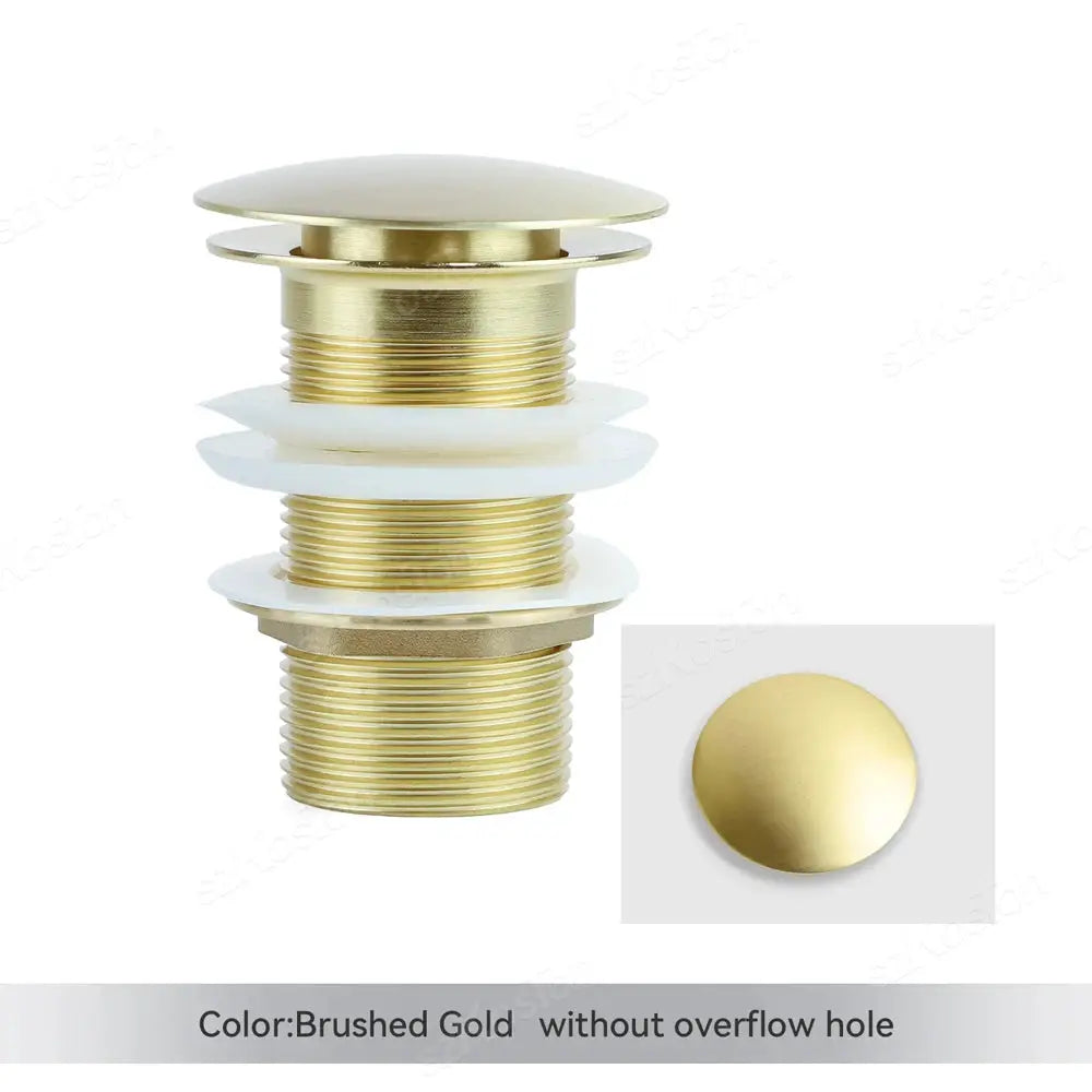 Gold brushed pop-up sink drain button with brass threaded body for bathroom washbasin