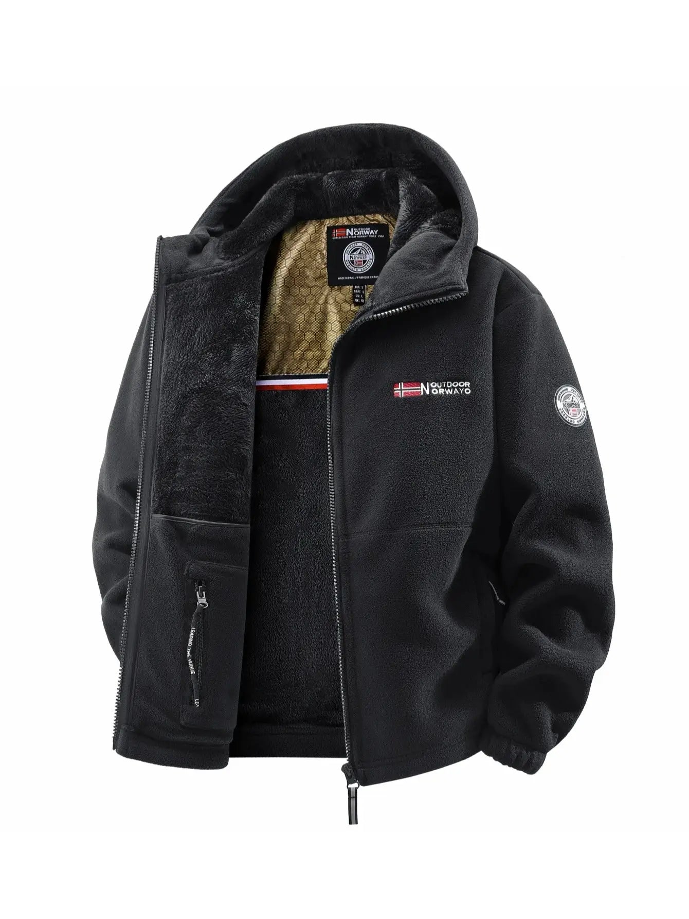 Men's black fleece-lined hooded jacket with zip closure, chest Norway flag patch and circular sleeve badge.