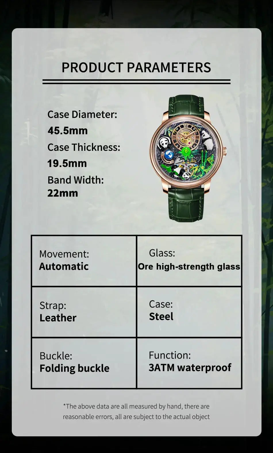 Simples Market Panda Series men's mechanical watch, 45.5mm case, green leather strap, skeleton panda dial.