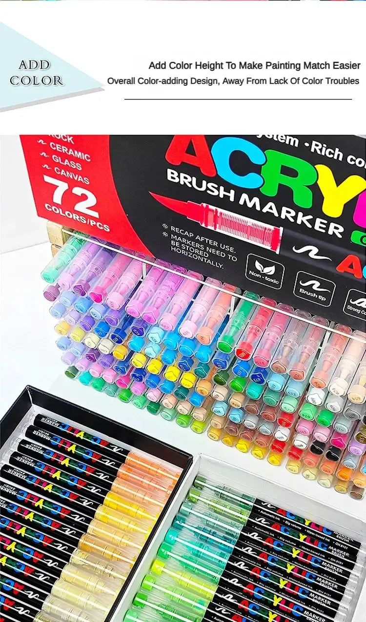 Acrylic brush marker set with 72 colors for rock painting and DIY crafts