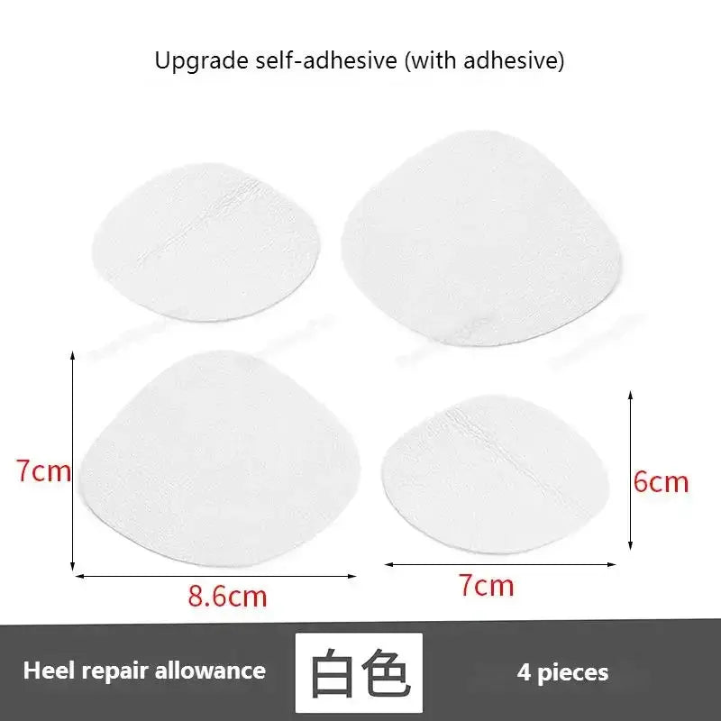 White self-adhesive sneaker repair patches, 4 pieces; heel-protection shapes about 8.6×7 cm and 7×6 cm.