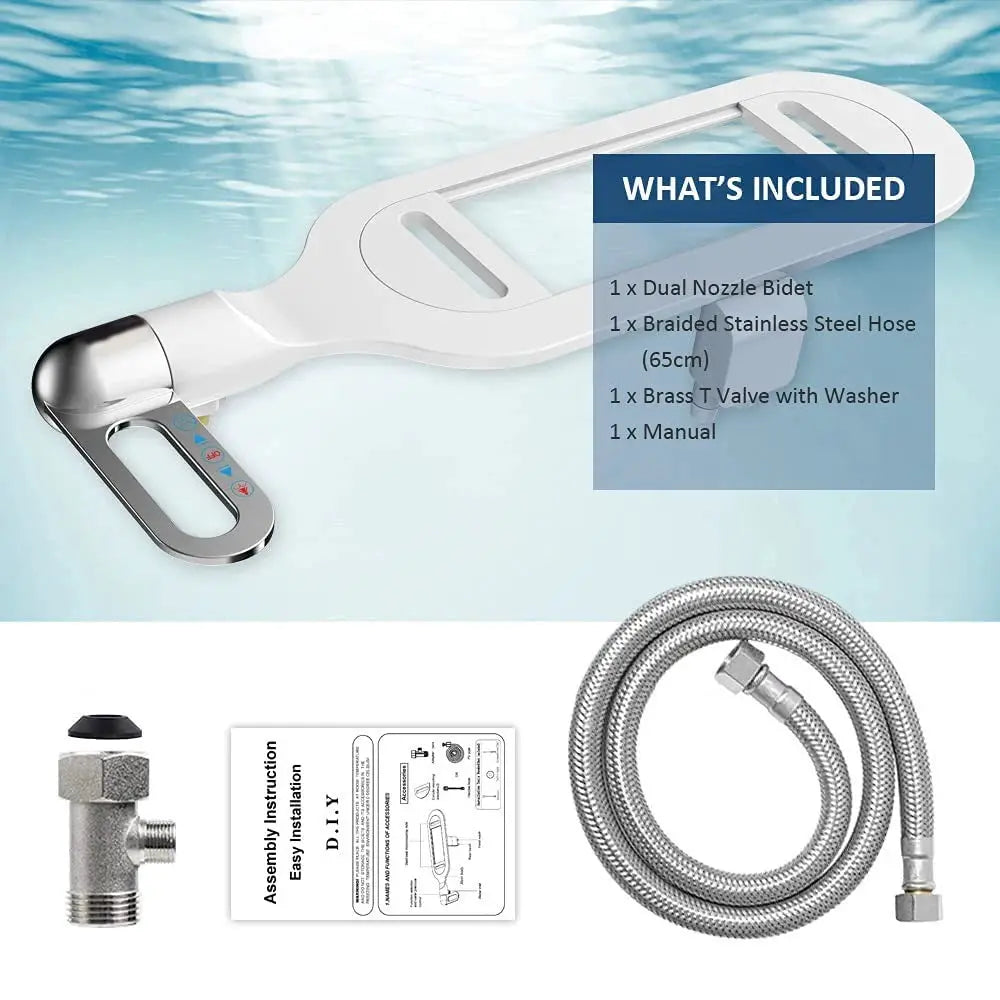 Simples Market ultra-slim bidet seat attachment with dual nozzles and adjustable water pressure, braided hose included