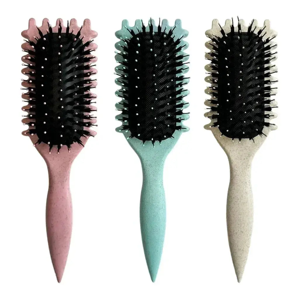 Three Simples Market curly hair styling brushes with pink, teal, and beige handles for tangle-free curl shaping.