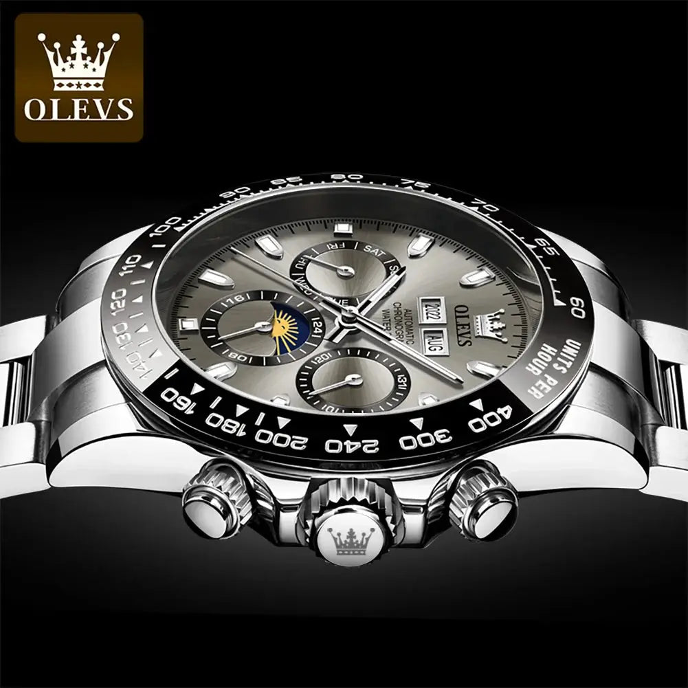 OLEVS stainless steel men's watch with silver dial, black tachymeter bezel and multiple subdials