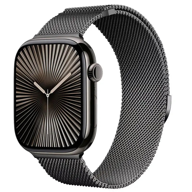 Simples Market metal Milanese Apple Watch strap; gunmetal mesh magnetic bracelet for 40–49mm Apple Watch sizes.
