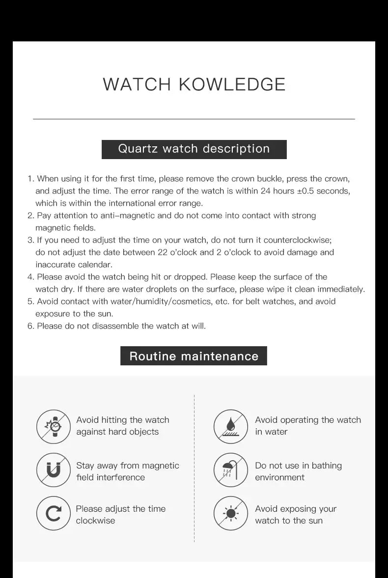 OPK 6056 men's stainless steel watch instruction sheet with maintenance tips.