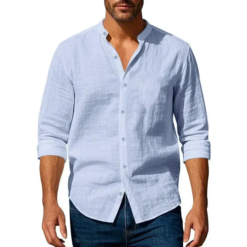 Cotton-linen Henley shirt for men in light blue, long sleeves, breathable slim-fit button-up.