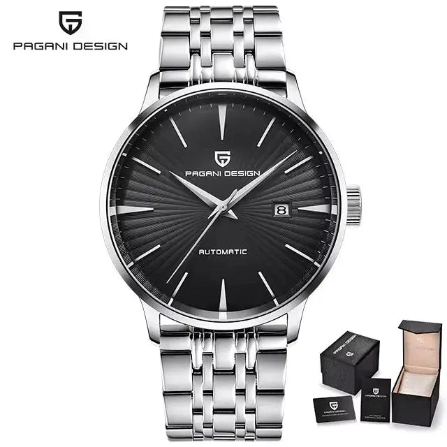 PAGANI DESIGN men's automatic wristwatch with silver stainless steel bracelet, black sunburst dial, date window