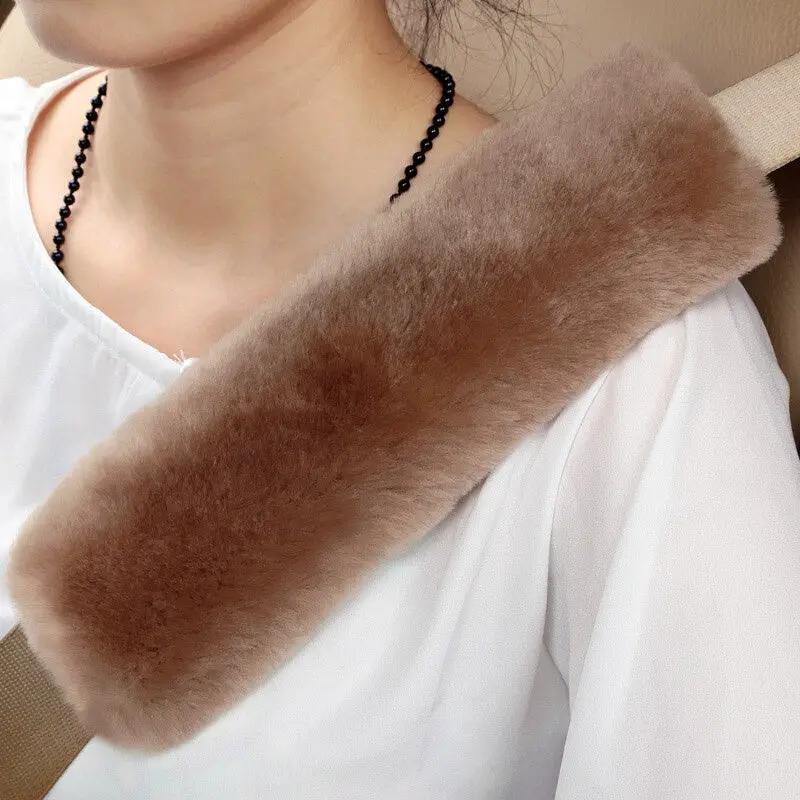 Car seat belt cover shoulder warmer pad in brown faux fur