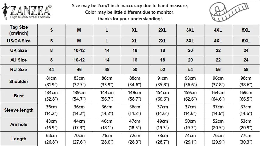 ZANZEA oversized white women's shirt size chart with S–5XL measurements.