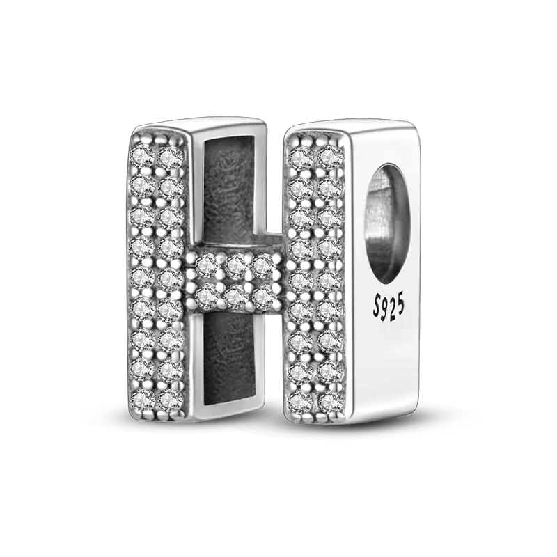 H-shaped sterling silver charm with pavé CZ stones, 925 stamped