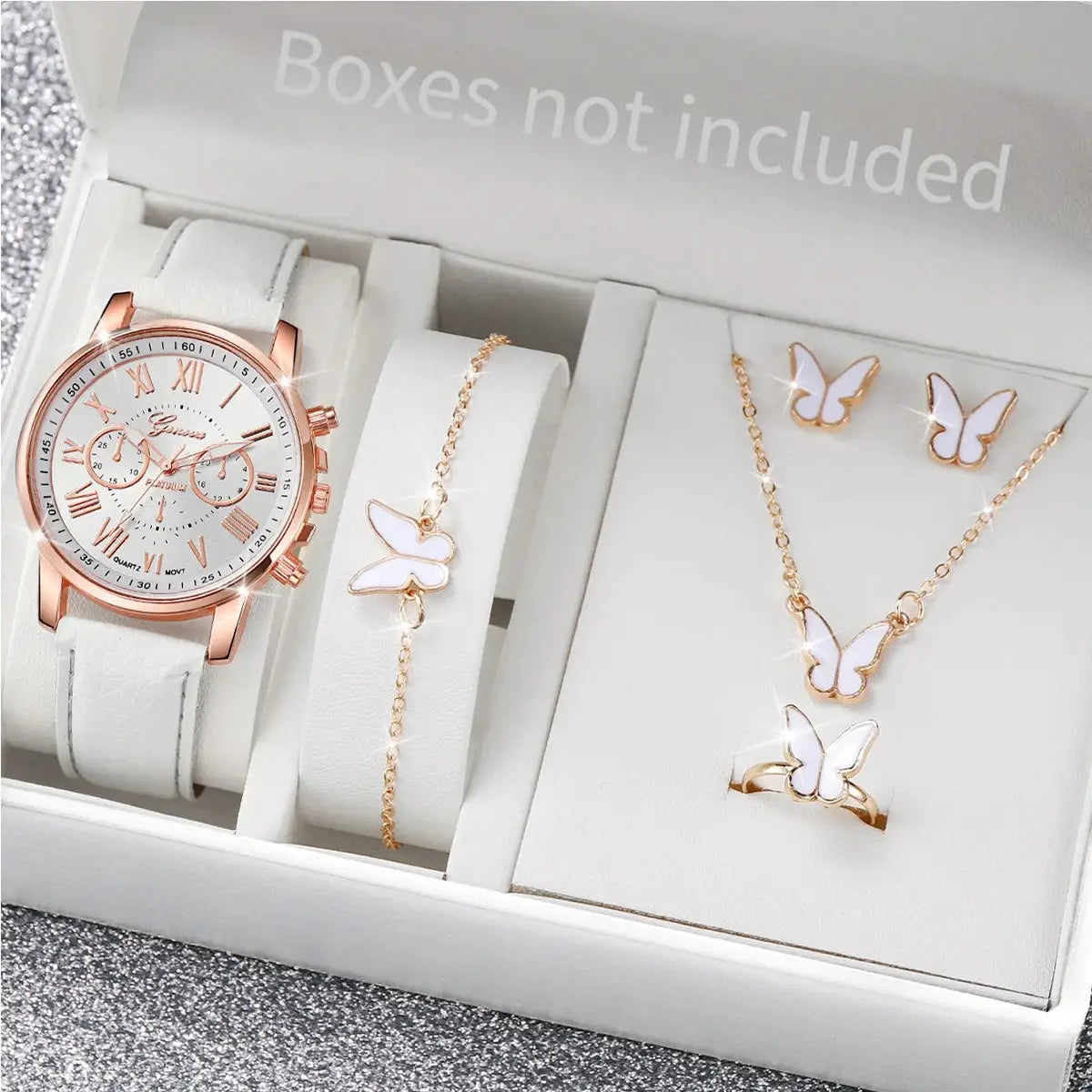 AuroraTime Womens Quartz Watch Leather Band Jewelry Set Heart Rhinestones Accent Analog Roman Numerals