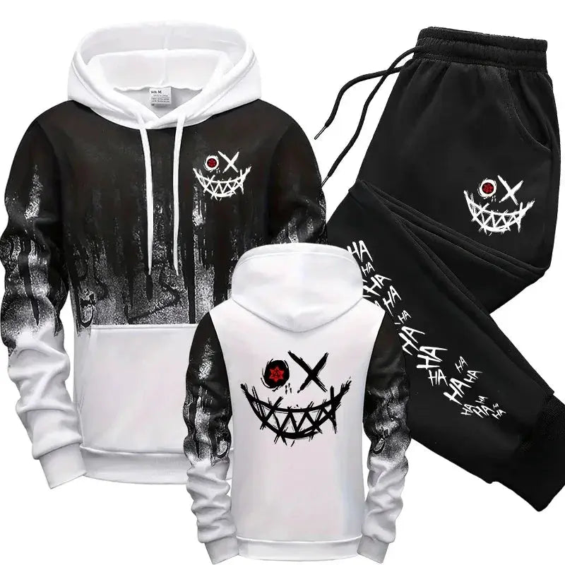 Men's tracksuit hoodie and sweatpants set by Simples Market in black and white with splash ink graphic