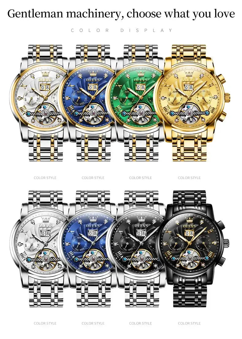 OLEVS Classic men's tourbillon automatic wristwatch collection with stainless steel bracelets in 8 colorways