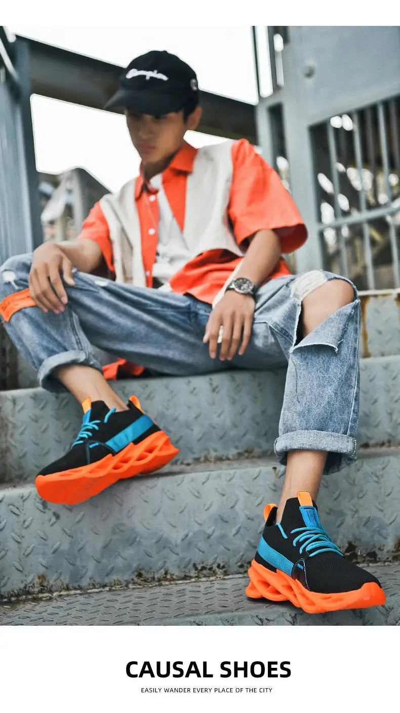 Sneakers Simples Market; mesh breathable unisex athletic shoes with orange thick sole, black upper, blue accents