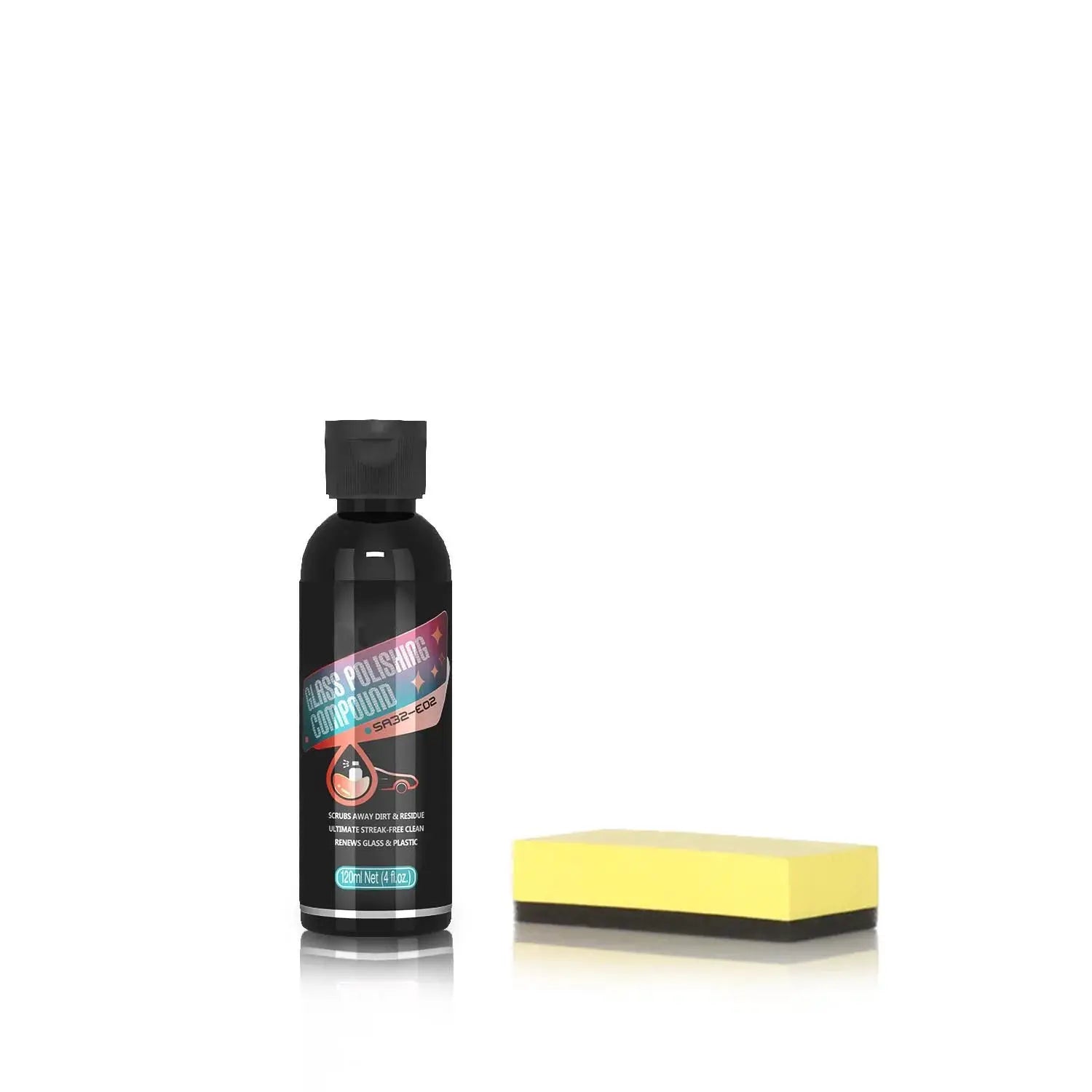 Glass polishing compound bottle with yellow sponge, Simples Market 2-piece car glass kit