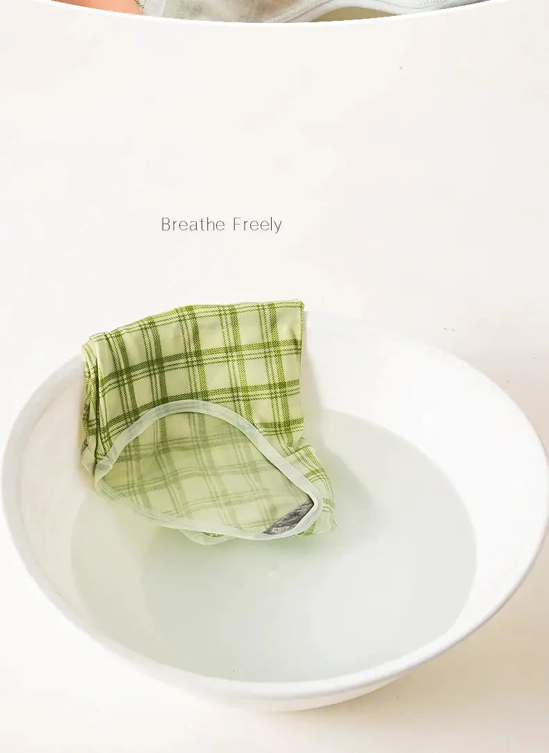 Cotton women's panties, green plaid print, high-waist briefs, breathable plus-size underwear