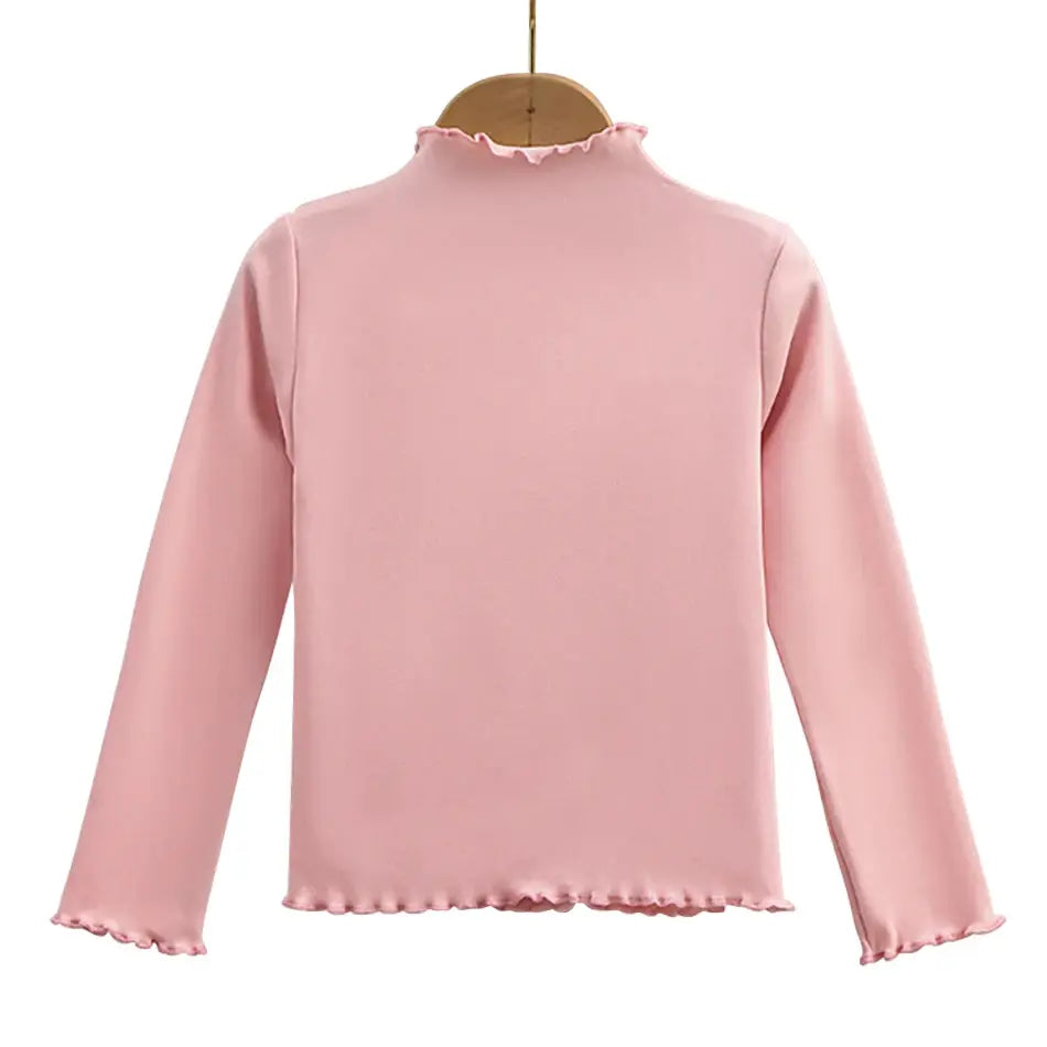 Autumn Winter Girls Long Sleeve Solid Color T Shirt With Ruffle Collar Fashionable Comfortable Everyday Wear