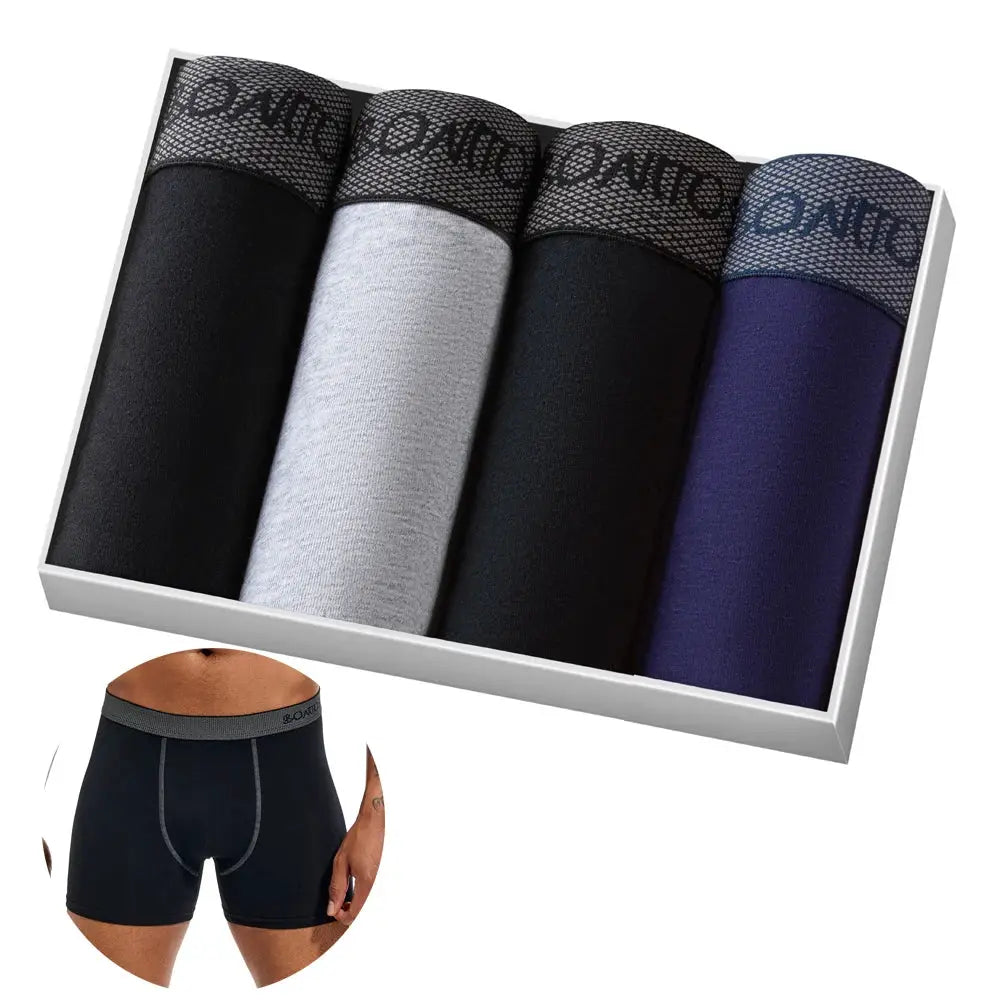 4-pack men's boxer shorts by Simples Market in black, gray, charcoal and purple cotton