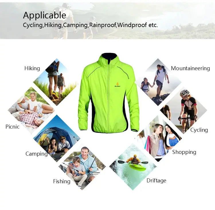 WOSAWE men's windproof cycling jacket in neon lime green with water-repellent and reflective details