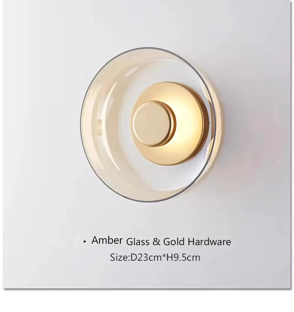 Nordic LED glass wall sconce with amber glass and gold hardware, size D23cm x H9.5cm