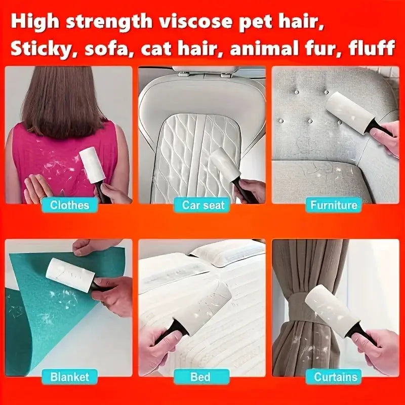 Ultra Sticky Lint Roller for pet hair; six panels show use on clothes, car seat, furniture, blanket, bed, curtains.