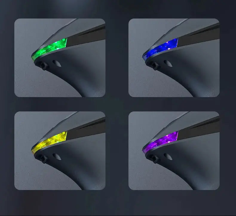 Long-handle electric massage gun by Simples Market with multi-color LED ring, shown in four color options