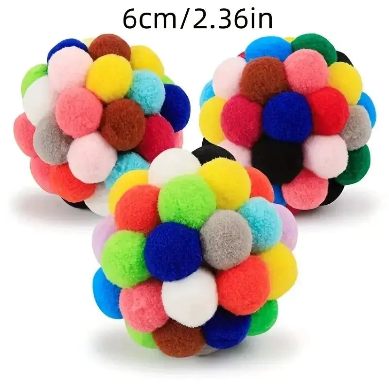 Cat plush ball toy set: 3 colorful pom-pom yarn balls, 6 cm each for cats.