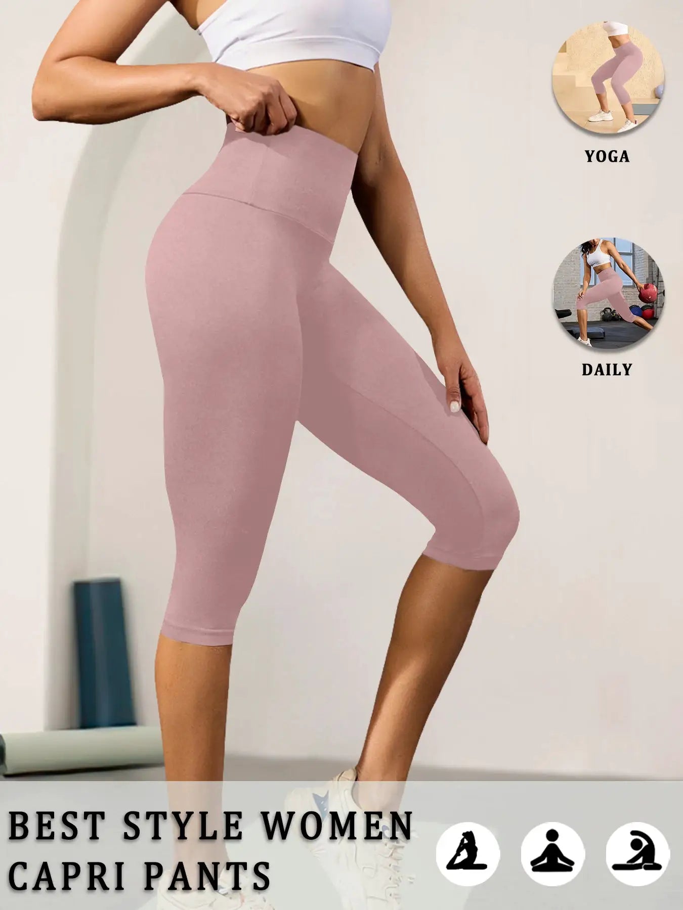 Women’s high-waisted pink capri leggings by Simples Market, soft stretch fabric for yoga and workouts