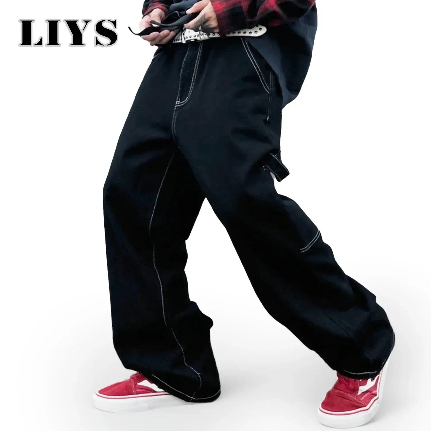 Liys black men's work jeans, straight-leg denim with white contrast stitching