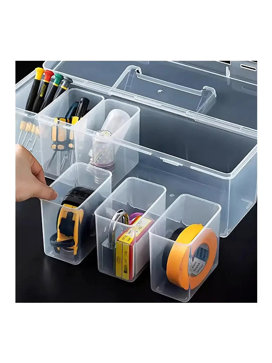 Hardware tool storage box, clear multi-compartment organizer with removable bins for screws and accessories.