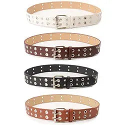 Set of five studded belts by Simples Market in white, beige, burgundy, black, and tan.