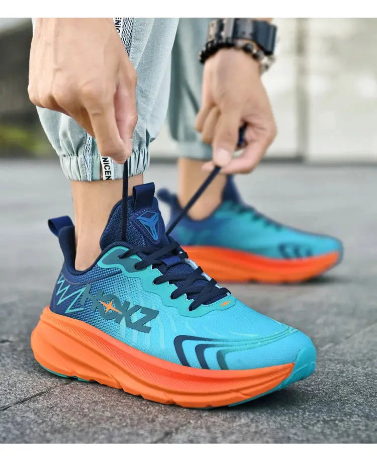 Simples Market men's running shoes with breathable turquoise mesh upper and bold orange midsole