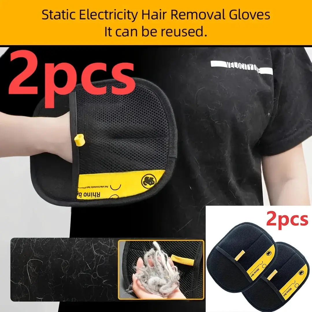 2-Piece Pet Hair Removal Gloves by Simples Market; black double-sided grooming gloves with yellow strap.