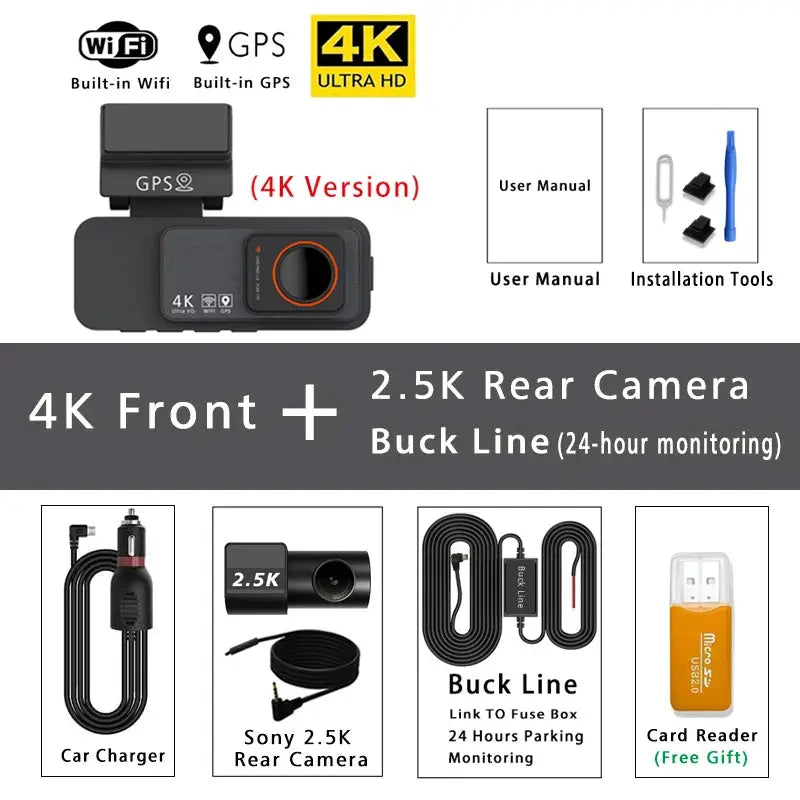 Simples Market dash cam dual-lens 4K front + 2.5K rear with GPS and Wi-Fi; black kit with charger and card reader