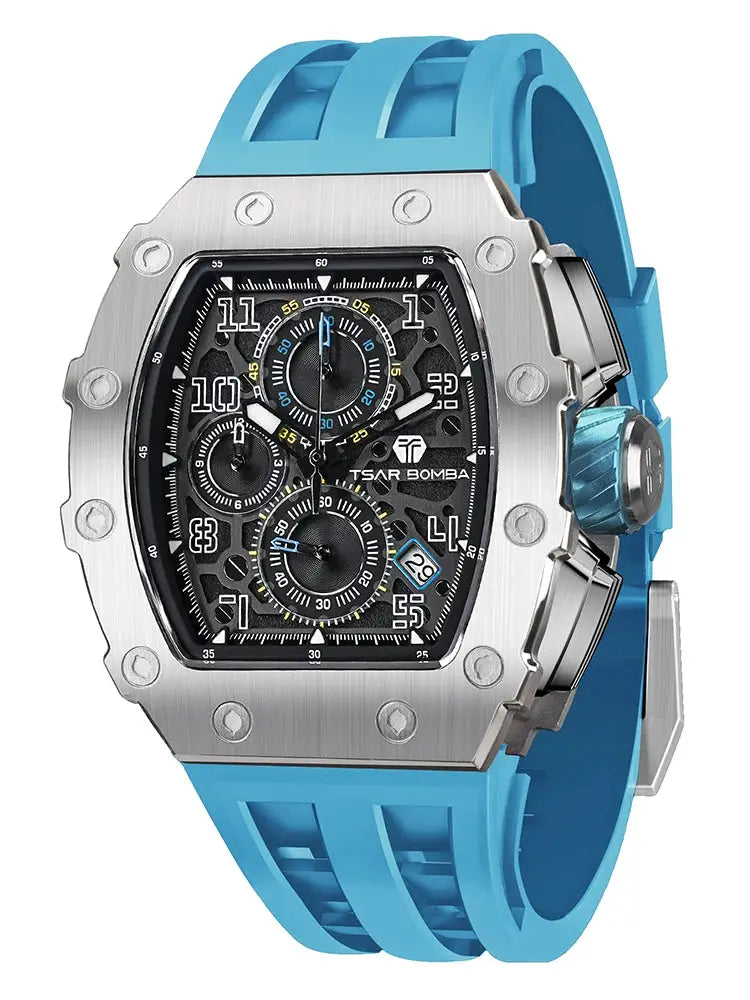 TSAR BOMBA men's watch with blue silicone strap, stainless steel tonneau case, black chronograph dial.