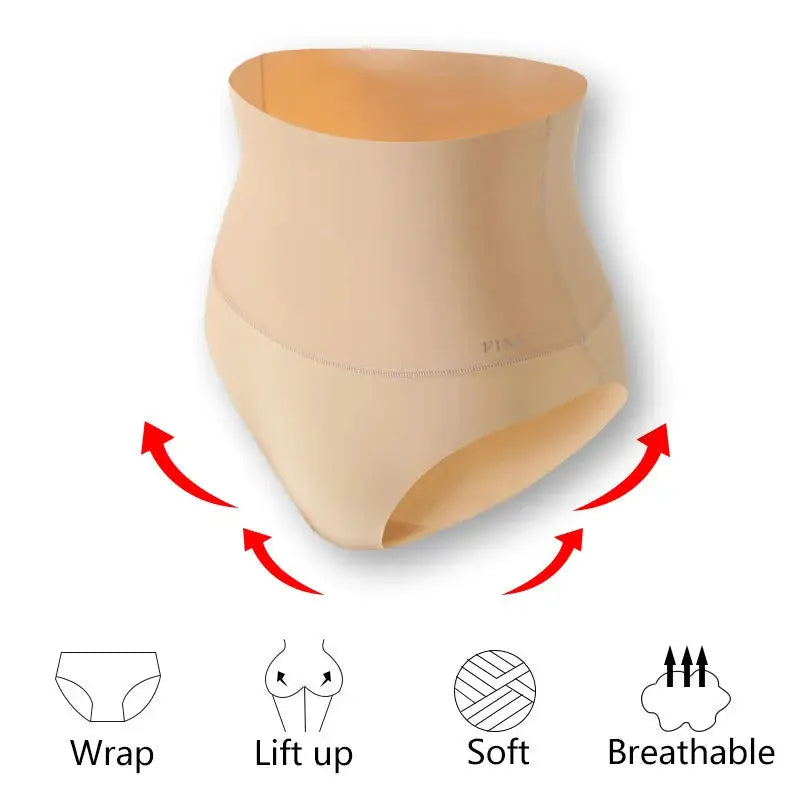 Simples Market large-size seamless high-waist shapewear panties, ice silk, breathable nude butt-lifter briefs