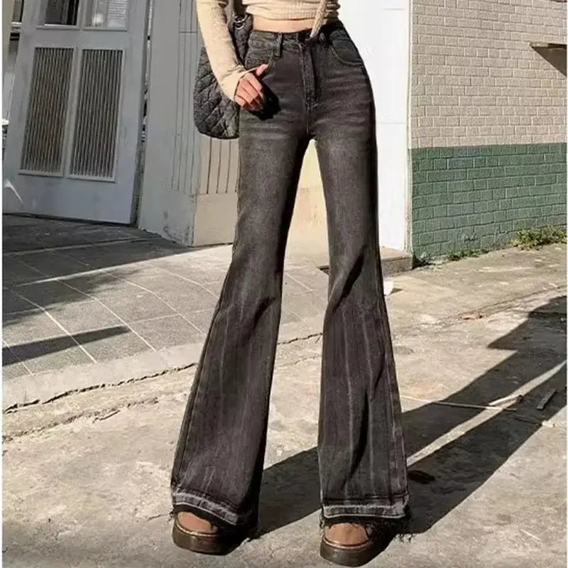 Women High Waist Vintage Flare Jeans Bell Bottom Denim Trousers