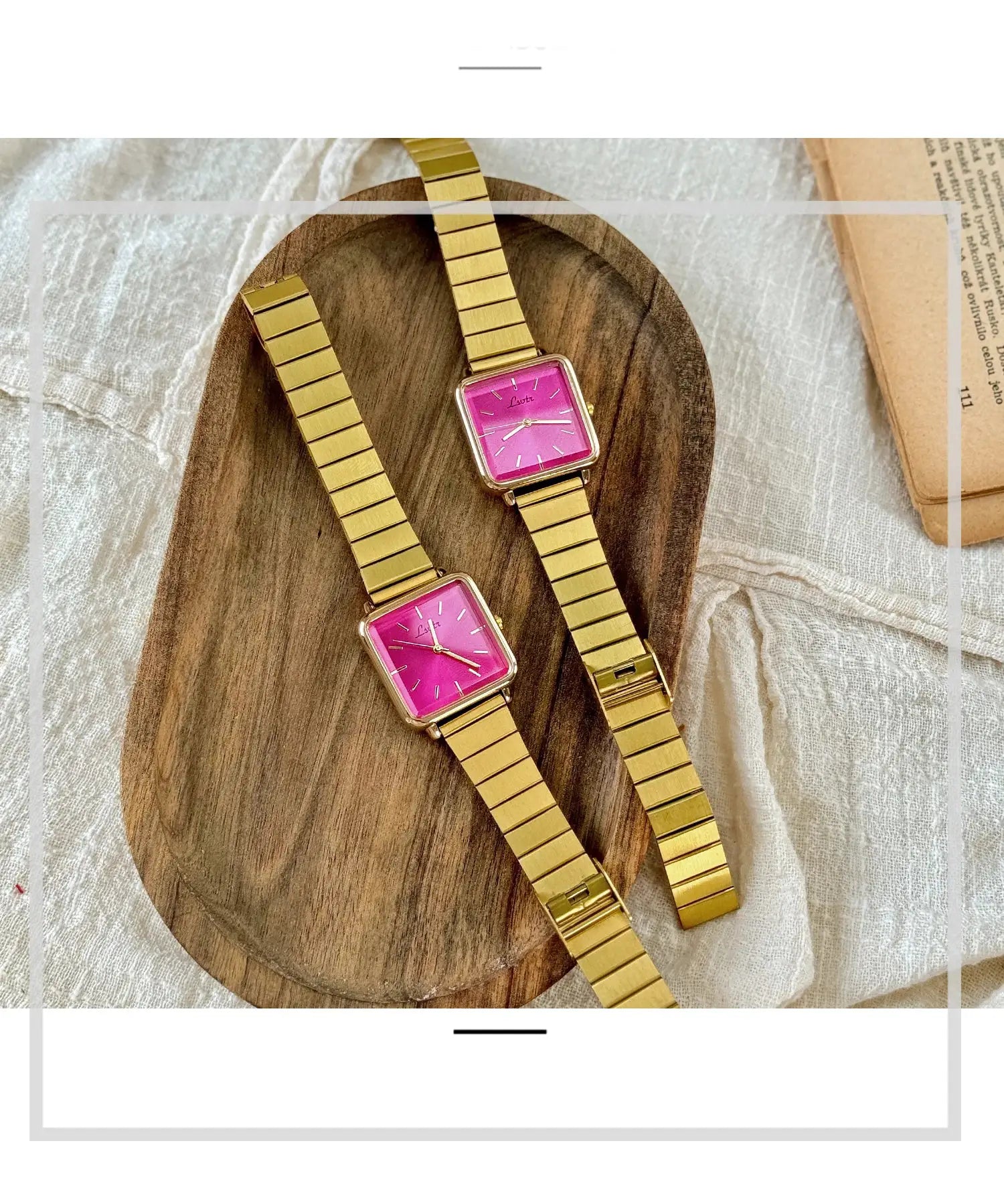 Two gold-toned retro square-dial women's watches with pink faces and stainless steel bands