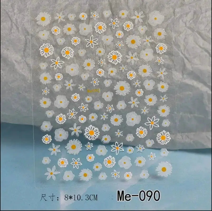 Daisy nail decals sheet with numerous white daisies and yellow centers for manicure, 8x10.3 cm, Me-090