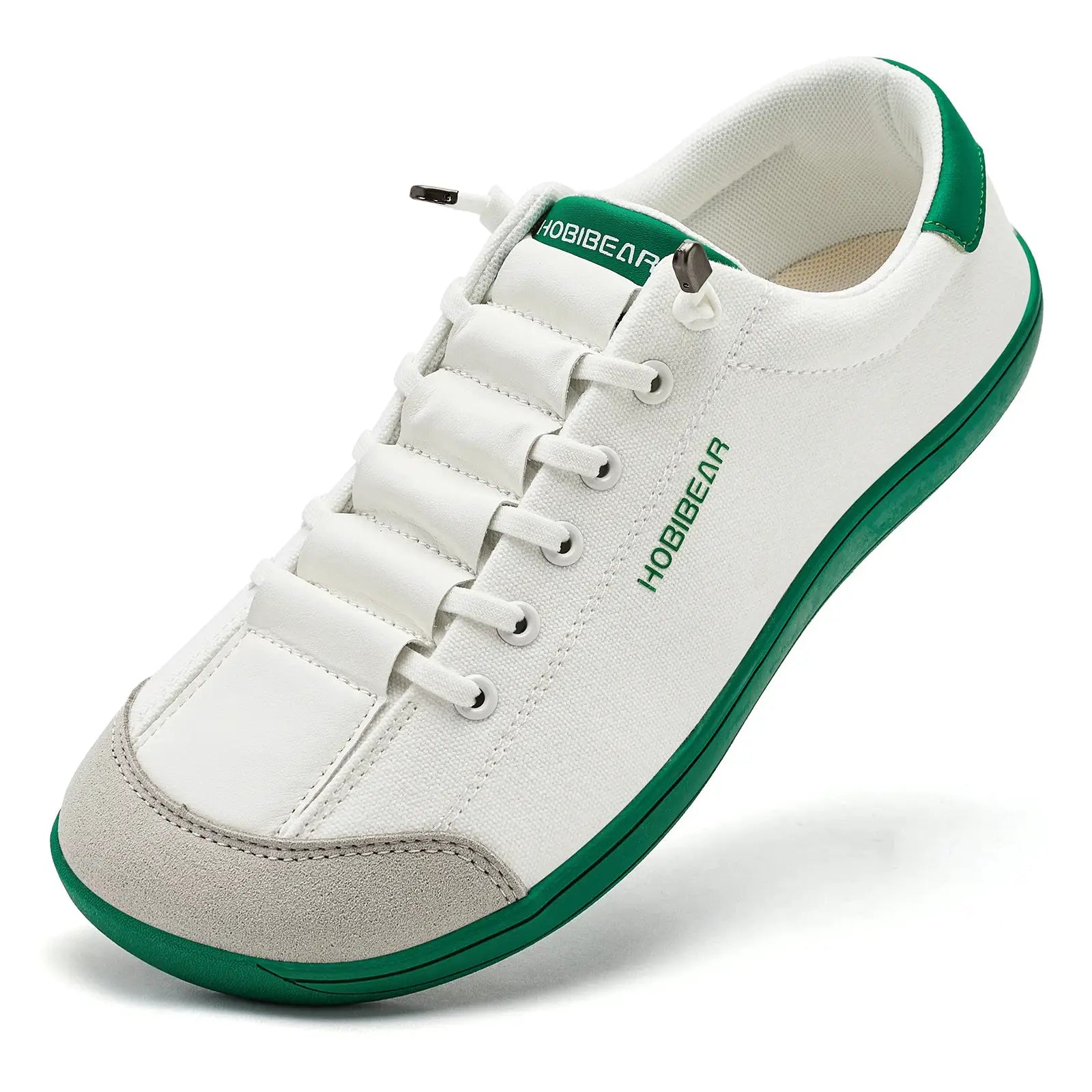 HOBIBEAR white canvas wide-toe barefoot sneakers by Simples Market; green outsole and logo on side
