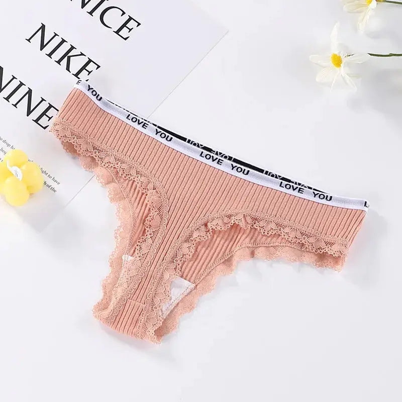 Peach lace thong underwear, low-waist tanga with ribbed cotton and lace trim, white Love You waistband