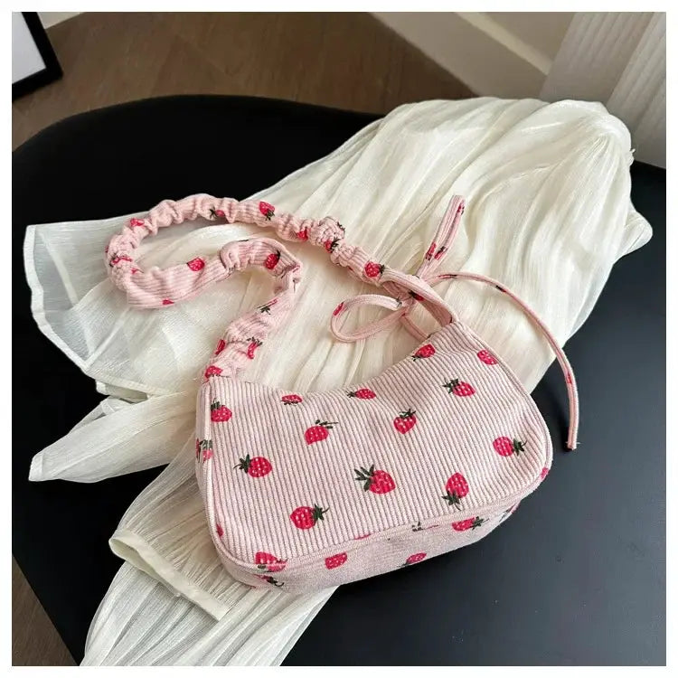 Women's pink corduroy strawberry-print underarm bag with half-moon design