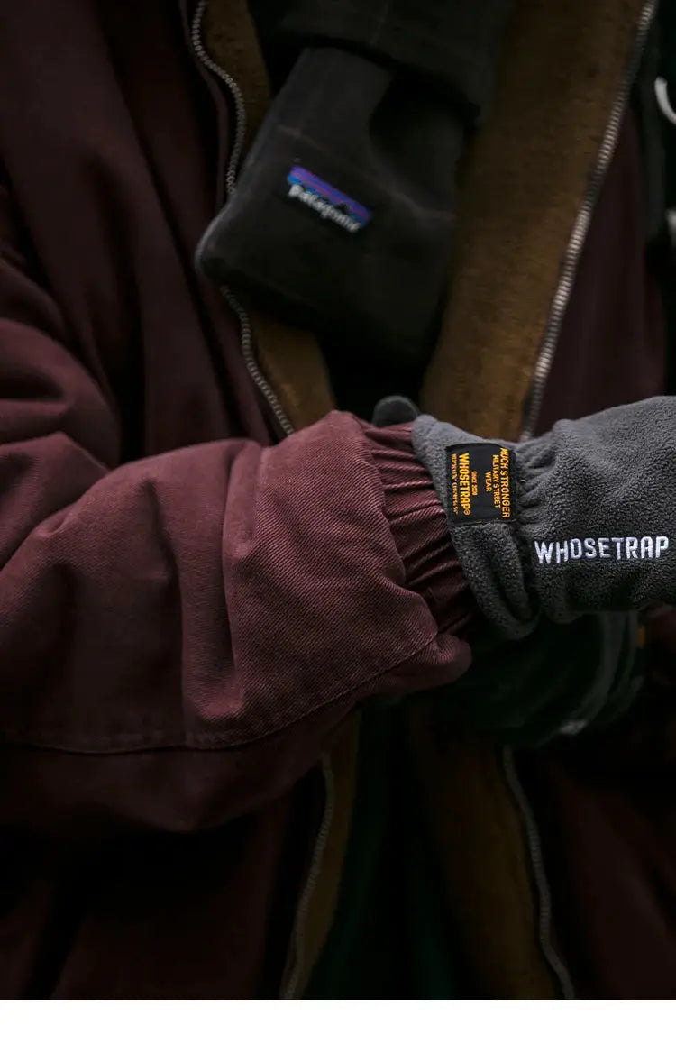 Men's Japanese vintage polar fleece jacket, burgundy, thick warm coat; 2 items shown: jacket and glove.