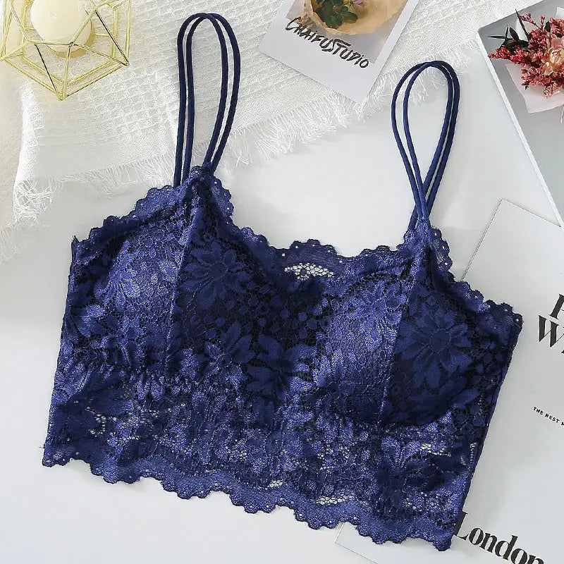 Navy lace bralette top with floral pattern and double spaghetti straps