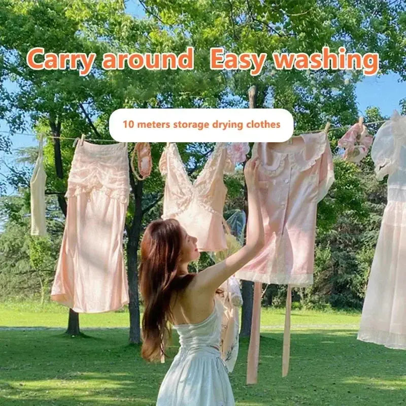 Simples Market 10m retractable clothesline for outdoor drying; windproof camping rope with pink clothes on line