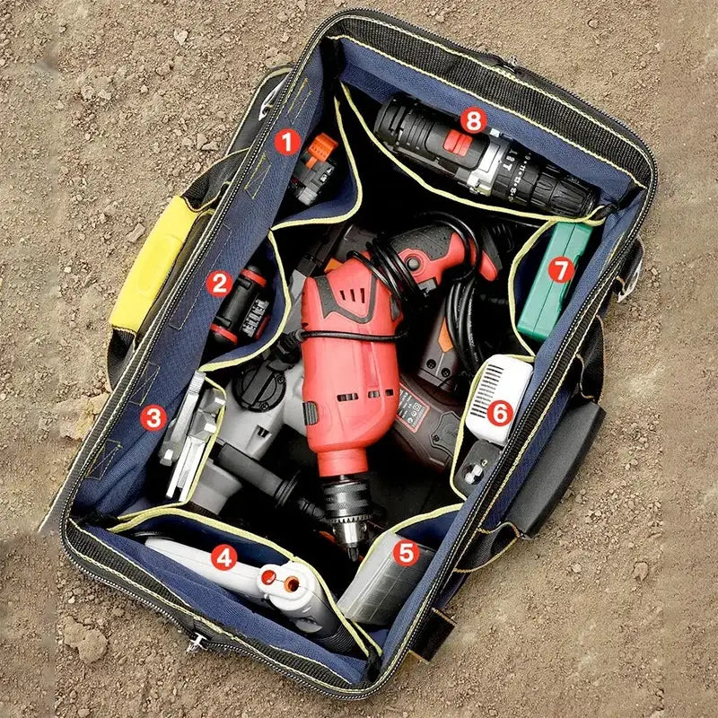 Simples Market multifunctional tool bag, large-capacity waterproof navy with yellow trim.
