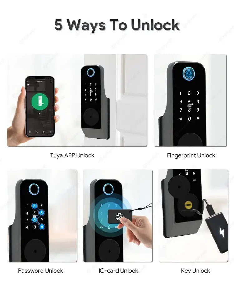 Smart black door lock with blue fingerprint ring, supports Tuya app, password, IC card, and key unlock.