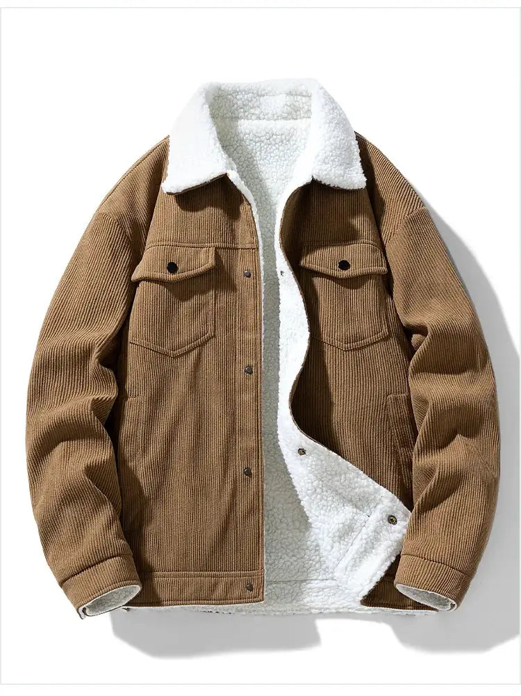 Men's brown corduroy jacket with white sherpa lining and front flap pockets